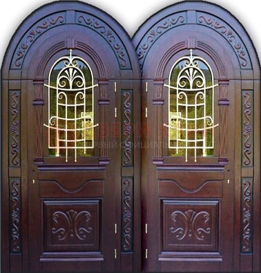 Индивидуальная арочная дверь со стеклом и ковкой ДА-19 в Дубне