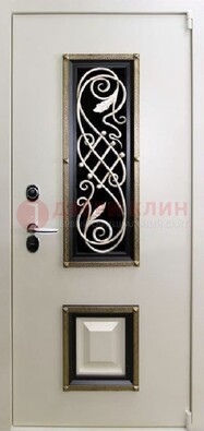 Белая стальная дверь с ковкой со стеклопакетом и МДФ ДК-30 в Дубне