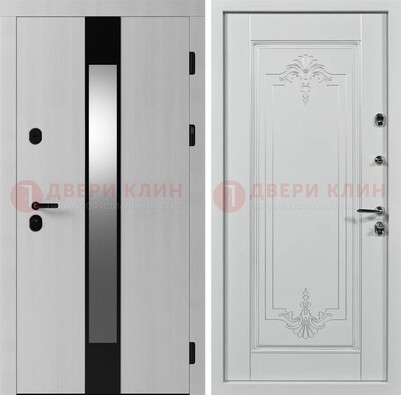Белая металлическая дверь МДФ с зеркальной вставкой ДМ-324 в Дубне