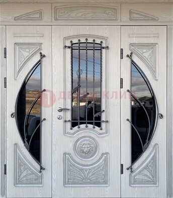 Большая парадная дверь Винорит со стеклом и ковкой ДПР-108 в Дубне