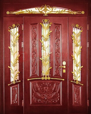 Бордовая железная парадная дверь со стеклом и ковкой ДПР-75 в Дубне