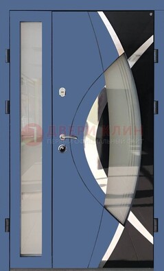 Синяя металлическая дверь со стеклом и узором ДС-13 в Дубне