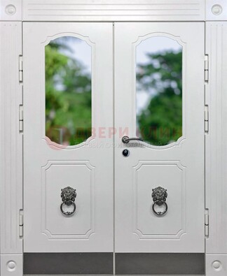 Белая двухстворчатая железная дверь со стеклом ДС-22 в Дубне