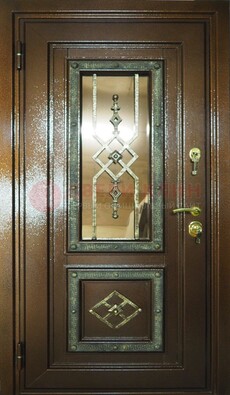 Теплая входная дверь со стеклом и ковкой разноцветной ДСК-13 в Дубне
