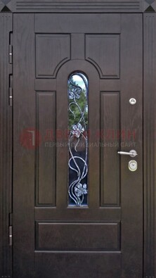 Металлическая дверь со стеклом и ковкой в цвете венге ДСК-142 в Дубне