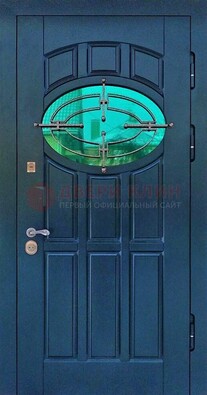 Синяя металлическая дверь со стеклом и ковкой ДСК-143 в Луховицах