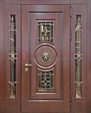 Коричневая стальная дверь со стеклом и ковкой ДСК-147 с фрамугами в Дубне