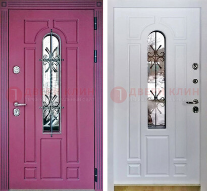 Розовая металлическая дверь со стеклом и ковкой ДСК-151 в Тольятти