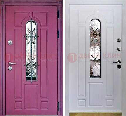 Розовая металлическая дверь со стеклом и ковкой ДСК-151 в Дубне