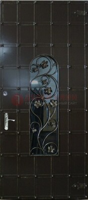 Высокая железная дверь со стеклом и ковкой ДСК-15 в Дубне