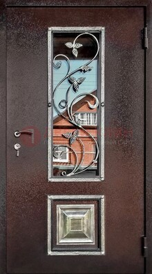 Коричневая стальная дверь порошок со стеклом и ковкой ДСК-163 в Дубне