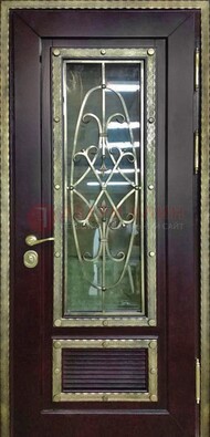 Темная уличная дверь порошок со стеклом и ковкой ДСК-167 в Дубне