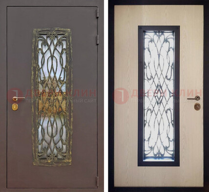 Уличная дверь порошок со стеклом и ковкой ДСК-168 коричневая в Дубне