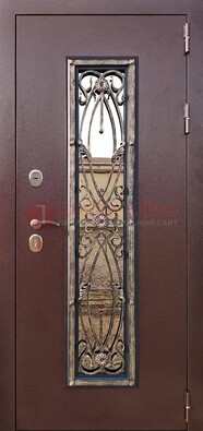 Коричневая стальная дверь порошок со стеклом и ковкой для дома ДСК-169 в Дубне
