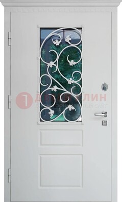 Белая металлическая дверь винорит со стеклом и ковкой ДСК-184 в Дубне