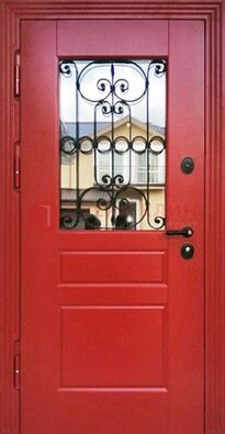 Красная железная дверь Винорит со стеклом и ковкой ДСК-205 в Дубне
