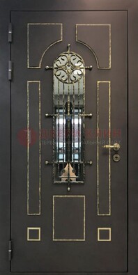 Темная входная дверь Винорит со стеклом и ковкой ДСК-211 в Дубне