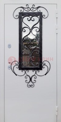 Белая уличная дверь Порошок со стеклом и ковкой ДСК-222 в Дубне