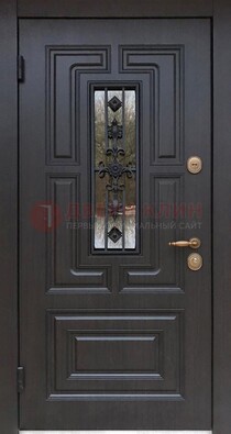 Филенчатая железная дверь Винорит со стеклом и ковкой ДСК-258 в Дубне
