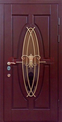 Бордовая стальная дверь Винорит со стеклом и ковкой ДСК-263 в Дубне