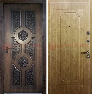 Железная коричневая дверь с виноритом и Золотой дуб внутри ДВТ-101 в Дубне