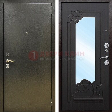 Железная темная дверь c порошковым напылением и МДФ с узором и зеркалом ДЗ-111 в Дубне