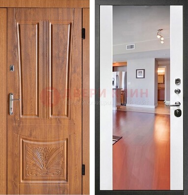 Входная коричневая дверь терморазрыв c виноритом и белая МДФ c зеркалом ДЗ-123 в Дубне