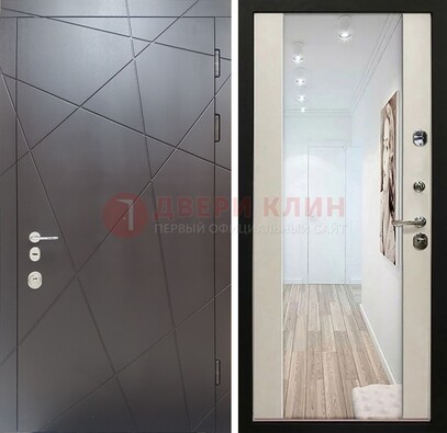 Железная коричневая дверь со светлой МДФ внутри и зеркалом ДЗ-125 в Дубне