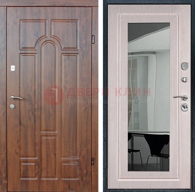 Входная коричневая дверь с МДФ Белый дуб и зеркалом ДЗ-126 в Дубне
