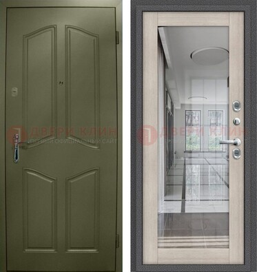 Зеленая стальная дверь с МДФ панелями и зеркалом ДЗ-137 в Дубне