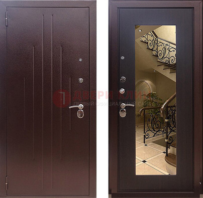Бордовая металлическая дверь с зеркалом МДФ внутри ДЗ-17 в Дубне