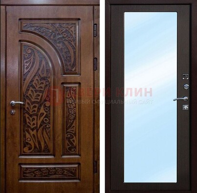 Коричневая входная дверь c узором и виноритом МДФ с зеркалом ДЗ-98 в Дубне