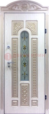 Белая железная дверь с МДФ и витражом ВЖ-26 в Дубне