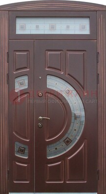 Коричневая двухстворчатая железная дверь с МДФ и витражом ВЖ-29 в Дубне