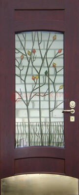 Бордовая стальная дверь с витражом и декоративным элементом ВЖ-3 в Дубне